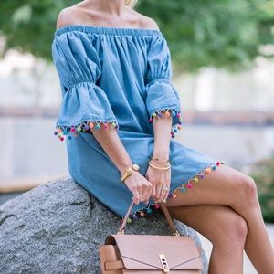 Denim Pom Pom Off the Shoulder Dress